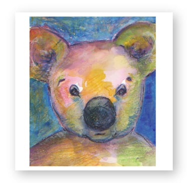 Colorful watercolor painting of a koala face with artistic textures and blue background.