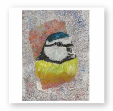 Textured oil painting of a blue tit bird with bright yellow and blue feathers on a speckled canvas.