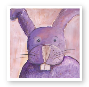 Whimsical purple bunny painting featuring a cute rabbit with long ears and buck teeth on a pink background.