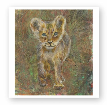 Impressionist painting of a baby lion cub walking forward on an earthy textured background.