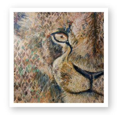 Close-up of a textured oil painting of a lion's face, featuring a detailed eye and patterned fur, highlighting fine art and