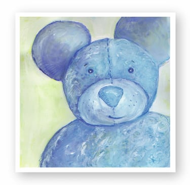 A textured blue teddy bear oil painting with large ears on a light green background, perfect for nursery wall art.