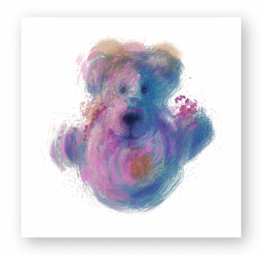 Abstract digital painting of a teddy bear using colorful blue, pink, and purple brushstrokes.