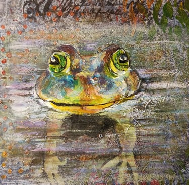 Textured mixed media painting of a colorful bullfrog with large green eyes peering out of water.