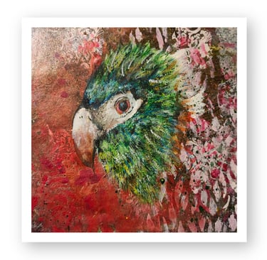Abstract parrot painting with vibrant green feathers and textured red and pink background.