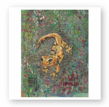 Impressionist painting of a spotted yellow salamander crawling on a textured green and purple background.