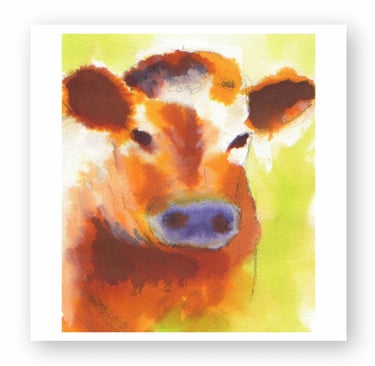 Watercolor painting of an orange and white cow portrait with a vibrant green background.