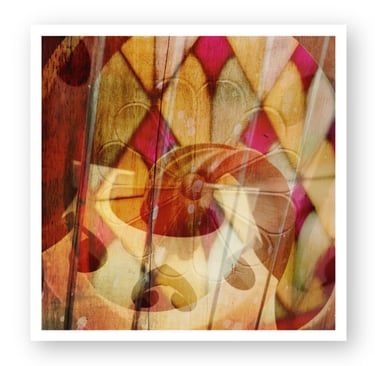 Abstract artistic print featuring colorful harlequin patterns and spiral shapes on a rustic wood texture.
