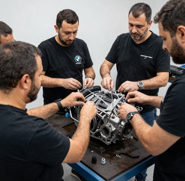 Close-up of hands repairing a car brake system in a bright workshop.
