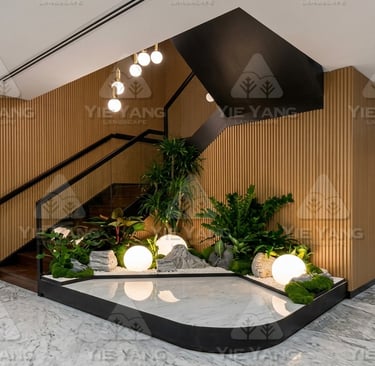Indoor staircase garden feature with sphere lights – Yie Yang Landscape, Malaysia