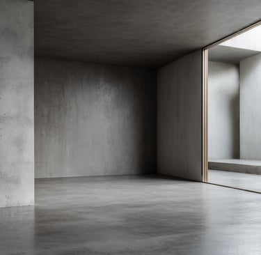 Minimalist and modern interior with polished microcement floors and microcement walls.