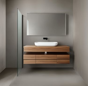 Modern bathroom sink in floating wood with white washbasin and large rectangular mirror.