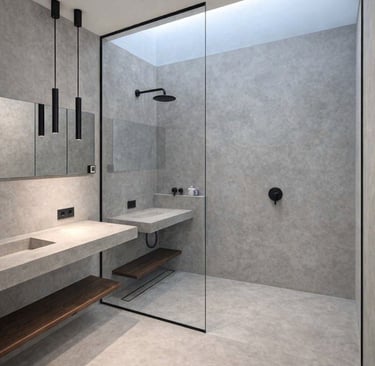 Modern minimalist bathroom featuring a concrete walk-in shower, floating stone vanity, and black fix