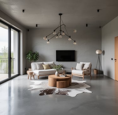 Modern, minimalist living room with grey microcement walls and ceiling, wooden furniture and a cowhi