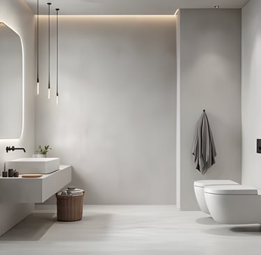 Modern minimalist bathroom featuring a floating white vanity, backlit mirror, and wall-hung toilet.
