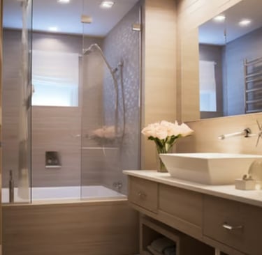 Modern bathroom interior featuring a glass walk-in shower, soaking tub, and vanity with a vessel sink.