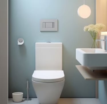 Modern open-plan bathroom with industrial concrete ceilings, green floors, and ergonomic workstation