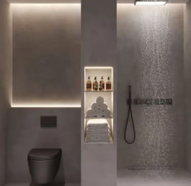 Modern bathroom entirely finished in microcement with a wall-mounted black toilet, walk-in shower wi