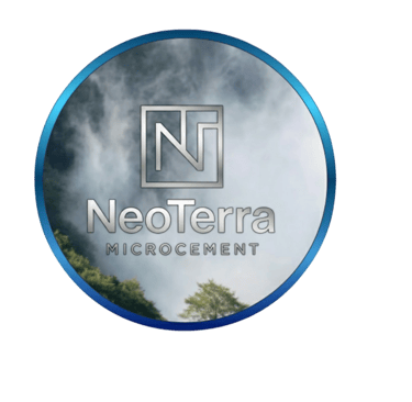NeoTerra Microcement logo in a circular frame with a misty mountain landscape in the background.