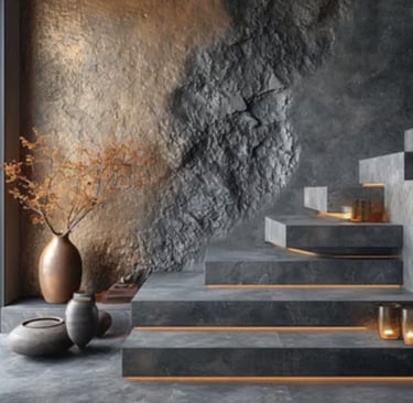 Modern interior design featuring stone steps with integrated LED lighting and textured rock wall.