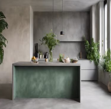 Modern, minimalist kitchen with green microcement