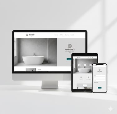 Responsive web design mockup for Neoterra Microcement UK displayed on desktop, tablet, and mobile devices.