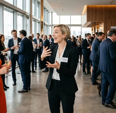 Une hôtesse d'accueil fait un geste en expliquant quelque chose lors d'un événement d'entreprise.
