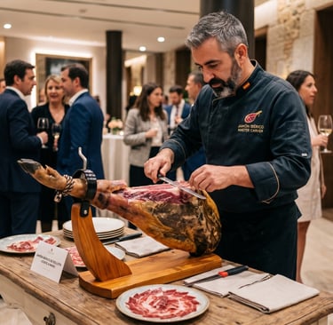 Un chef animateur - maître charcutier découpe du jambon ibérique lors d'un événement d'entreprise.
