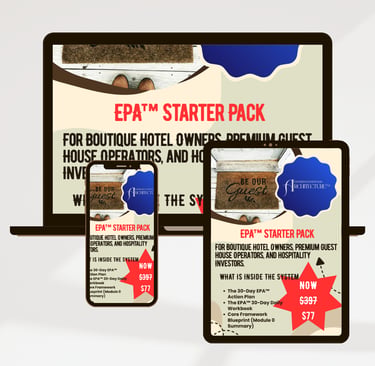 Digital devices displaying the EPA Starter Pack for boutique hotel owners and hospitality investors.