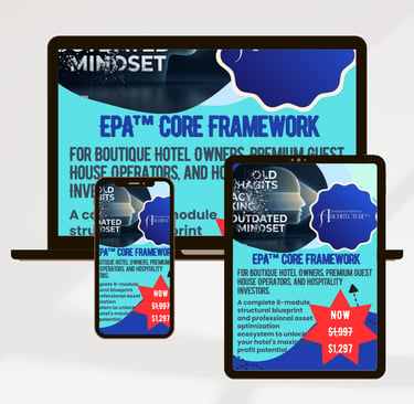EPA Core Framework training course for boutique hotel owners displayed on laptop, tablet, and smartphone screens.