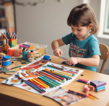 Young boy in light blue pajamas drawing on white paper with a pencil at a wooden table, surrounded by colorful crayons