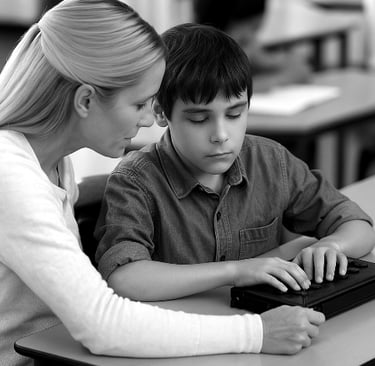 Nauczycielka pomaga niewidomemu uczniowi pisać na elektronicznym notatniku brajlowskim w klasie.