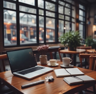 a cozy cafe with books, table and a labtio wioth coffee and eye glasses.