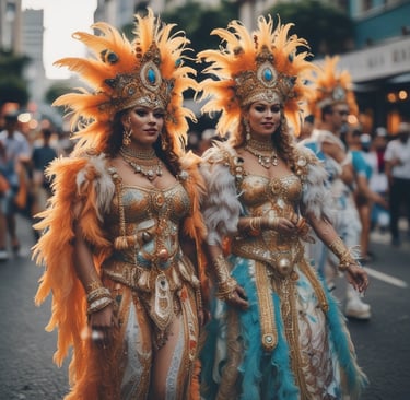A vibrant street scene during a cultural festival with colorful costumes and lively music.