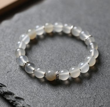 Elegant moonstone beaded bracelet with silver spacers on a dark slate background.