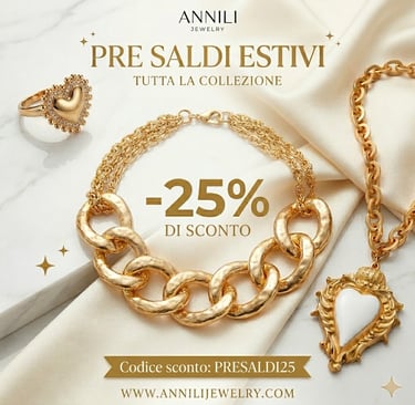 Gold Annili jewelry collection featuring a chunky necklace, heart ring, and pendant for summer pre-sales.