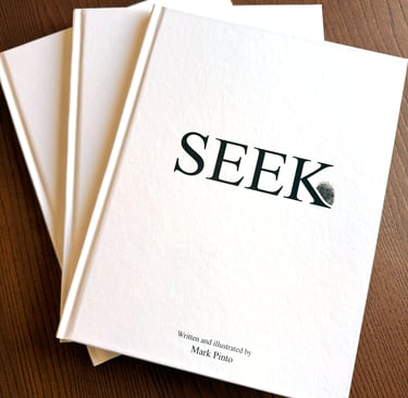 Three hardcover books with white covers and black title SEEK with single fingerprint