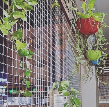 Evening shot of a balcony protected by pigeon nets with city lights of Bangalore in the background.