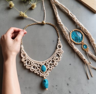 Collar bohemio de macrame hecho a mano con piedras turquesas y nudos intrincados de fibra beiges