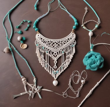 Collar de macrame bohemio hecho a mano con cuentas turquesas y flecos color crema sobre fondo marron