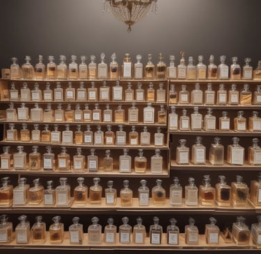 A stylish influencer holding a luxury fragrance bottle in an elegant urban setting.