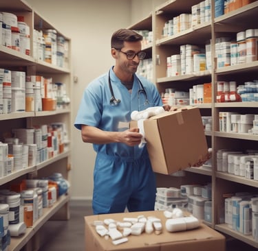 A driver handing over a sealed pharmacy package to a smiling healthcare professional at a clinic entrance.