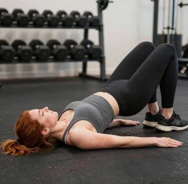 A focused female athlete powering through a weighted glute bridge in a sleek, black-and-gold gym setting.