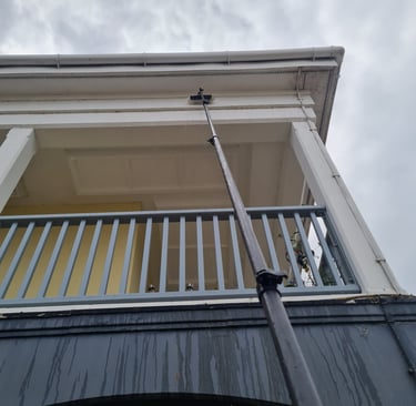 Cleaning fascia with window fed pole