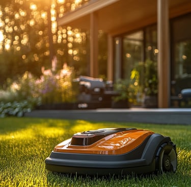 Rasenroboter bewegt sich durchs Gras