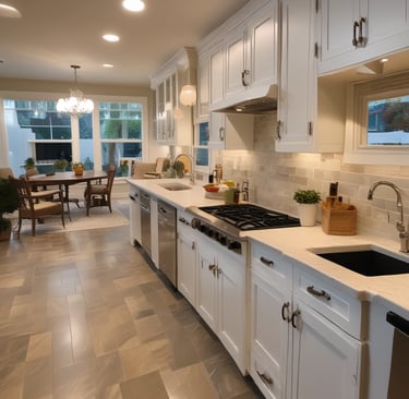 Wide shot of a home exterior with an inspector taking notes on a clipboard.