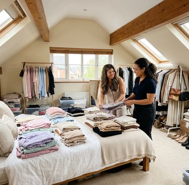 Alci helping a client organise clothes in a bedroom