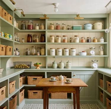 a sage and cream farm kitchen with organised shelves