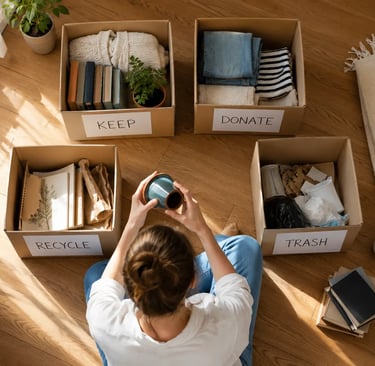 overhead shot of someone using the 4-Box method with four labelled cardboard boxes on a wooden floor, items being sorted