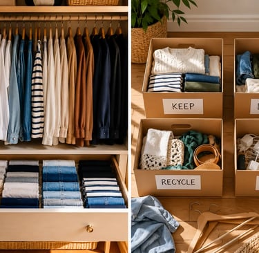 A split image, on one side, a neatly folded KonMari-style wardrobe, on the other, four clearly labelled cardboard boxes